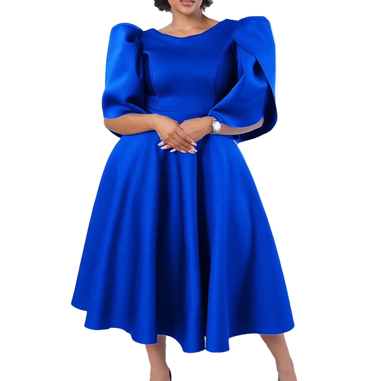 Elegant Dress Woman 2024 Wedding Party Round Neck Half Sleeve High Waisted Pleated Mid Calf Luxury Birthday Dinner Vestidos Robe