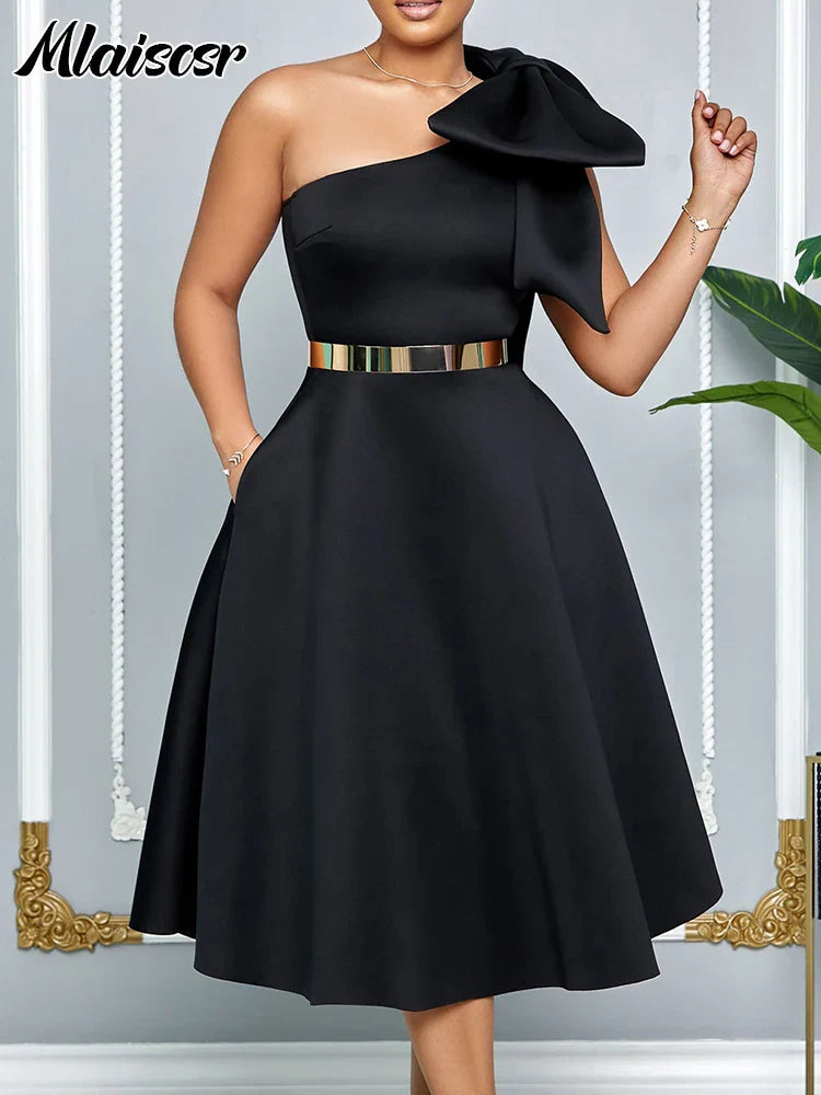 Mlaiscsr Woman One Shoulder Bow High Waisted Birthday Party Wedding Elegant A Line Pleated White Mid Dresses with Belt Outfits