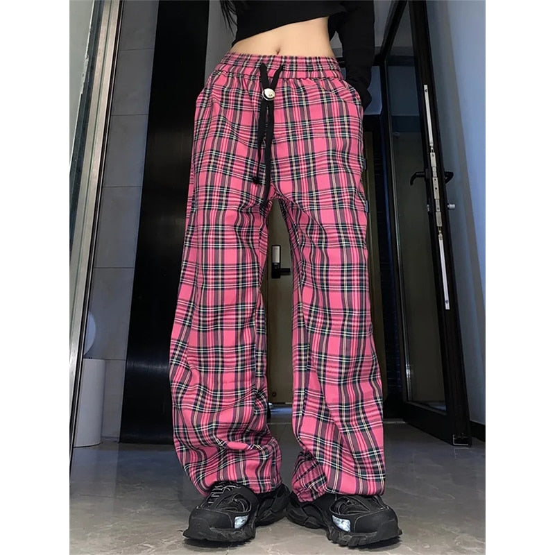 Wide Leg Checked Women High Waist Baggy Joggers Trousers