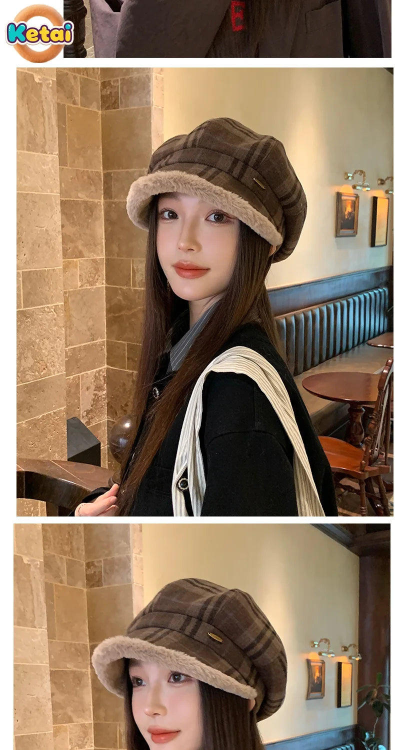 Winter Vintage Plaid Plush Warm Octagonal Women's Hat