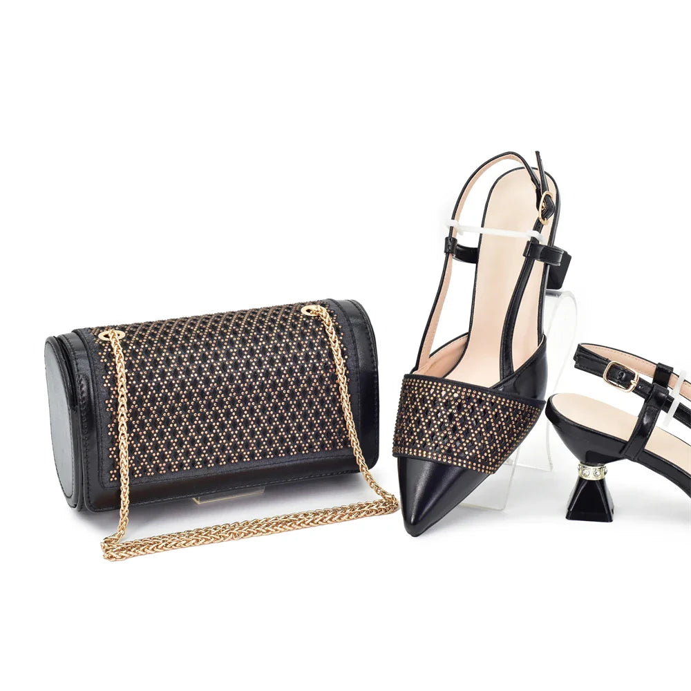 Women's Italian Shoes and Matching Bags Sets Decorated with Rhinestone Fashion