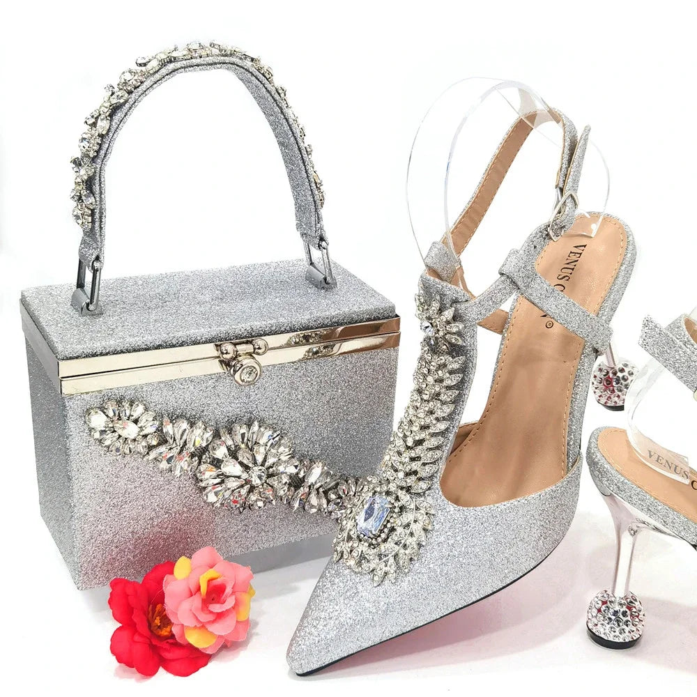 Women's Diamond Decorated Pointed Toe Italian Shoes And Bag Set