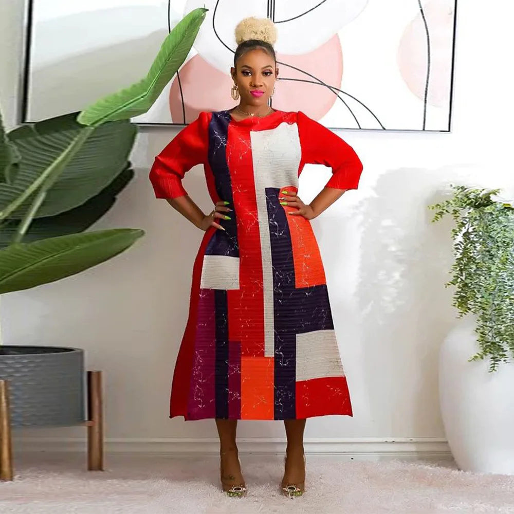 2023 Fashion African 3/4 Sleeve Polyester Plus Size O-Neck Pleated Long Dress Dashiki African Clothes African Dresses for Women