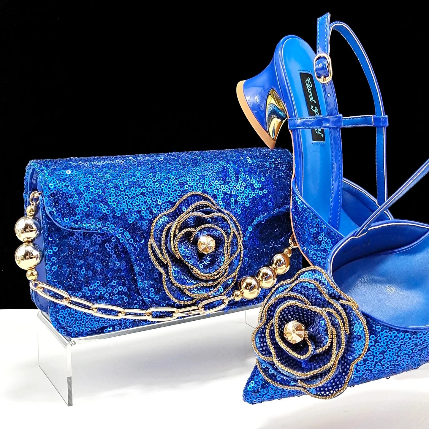 QSGFC Shiny Gold Color Shoes and Bag Elegant Handbags and Medium Heel Shoes Beautiful Handmade Flowers For Wedding Party