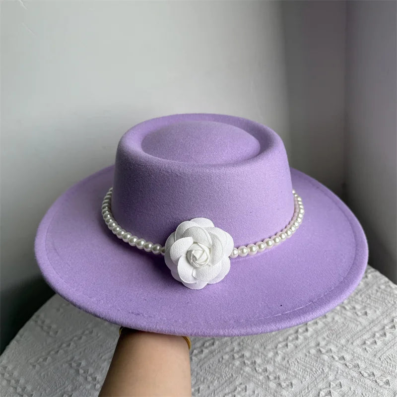 Women's Fashionable Fedora Hat 10CM Wide Brim Flat Top Felt Hats For Wedding And Jazz