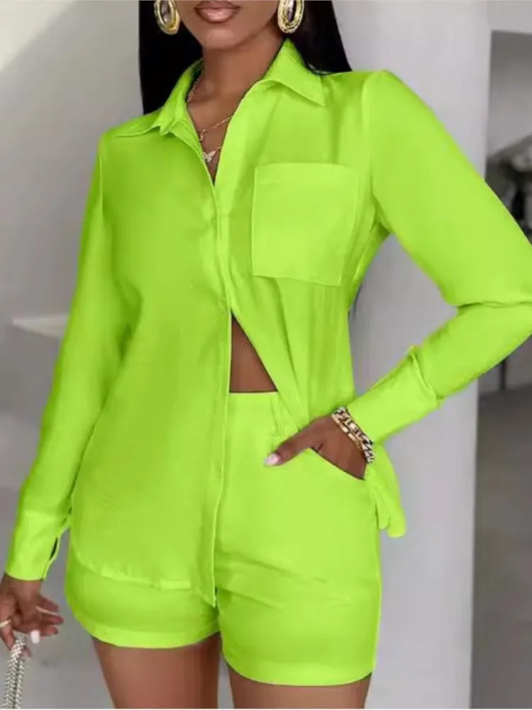 Female Fashion Short Pants Sets Shirt Tops Turn Down Collar Long Sleeve High Waist Pants 2 Piece Outfits For Women Summer New