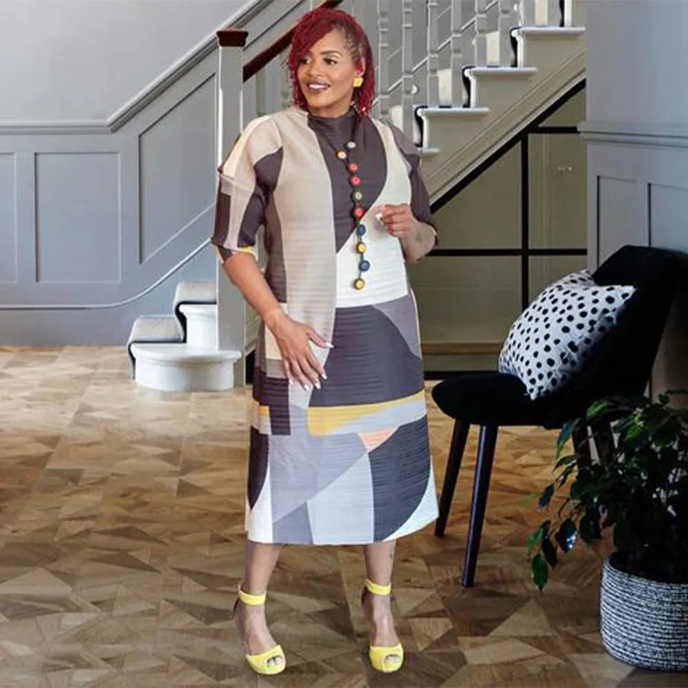 2023 Fashion African 3/4 Sleeve Polyester Plus Size O-Neck Pleated Long Dress Dashiki African Clothes African Dresses for Women