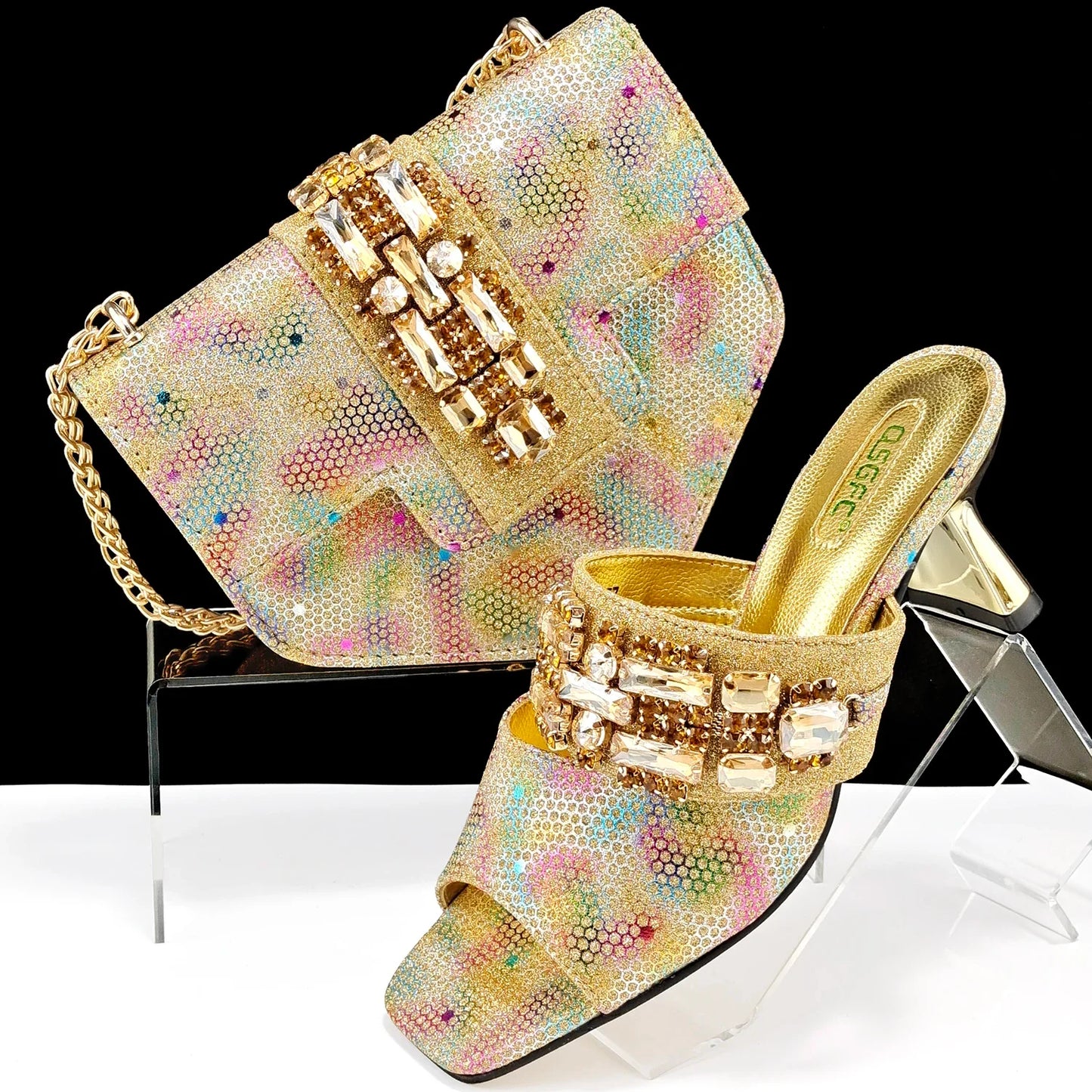 QSGFC Italian Shoes and Bags Matching Set 2024 Women Heel Party for Gold Colour Italian Design Wedding Bigger size shoes