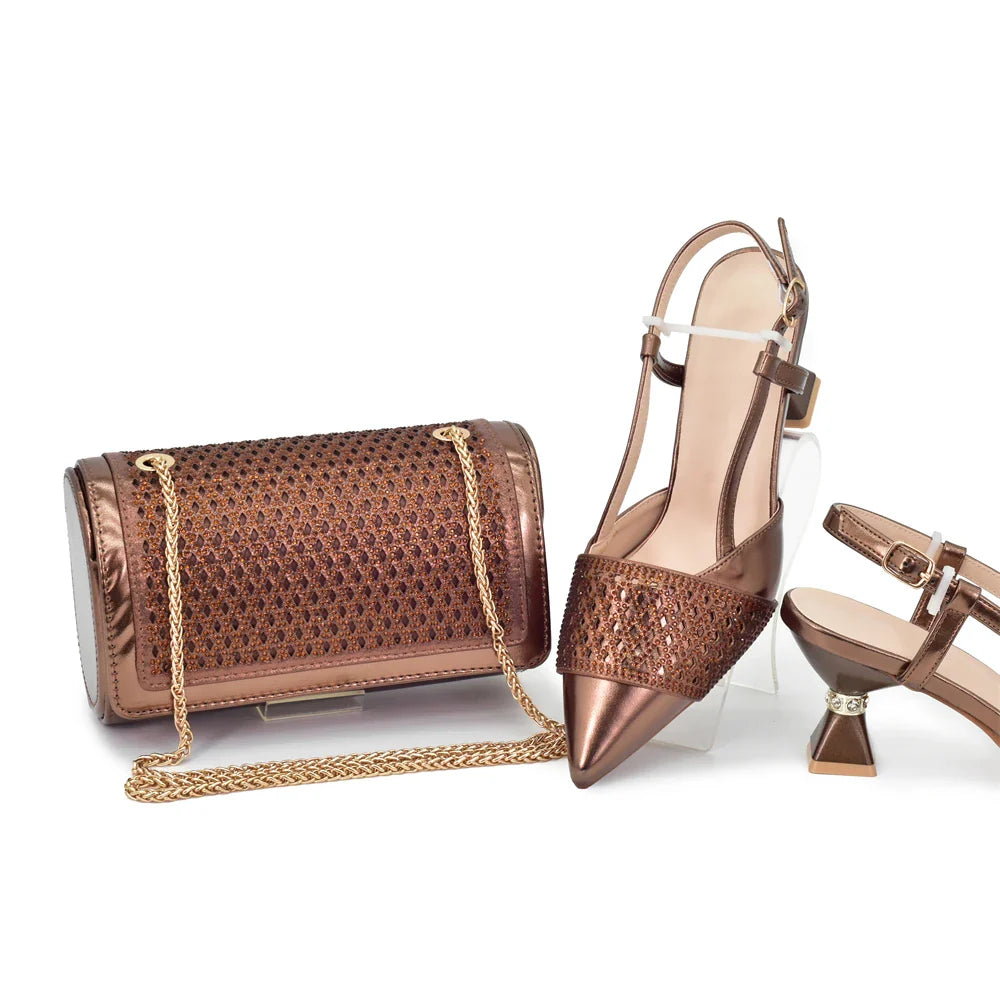 Women's Italian Shoes and Matching Bags Sets Decorated with Rhinestone Fashion