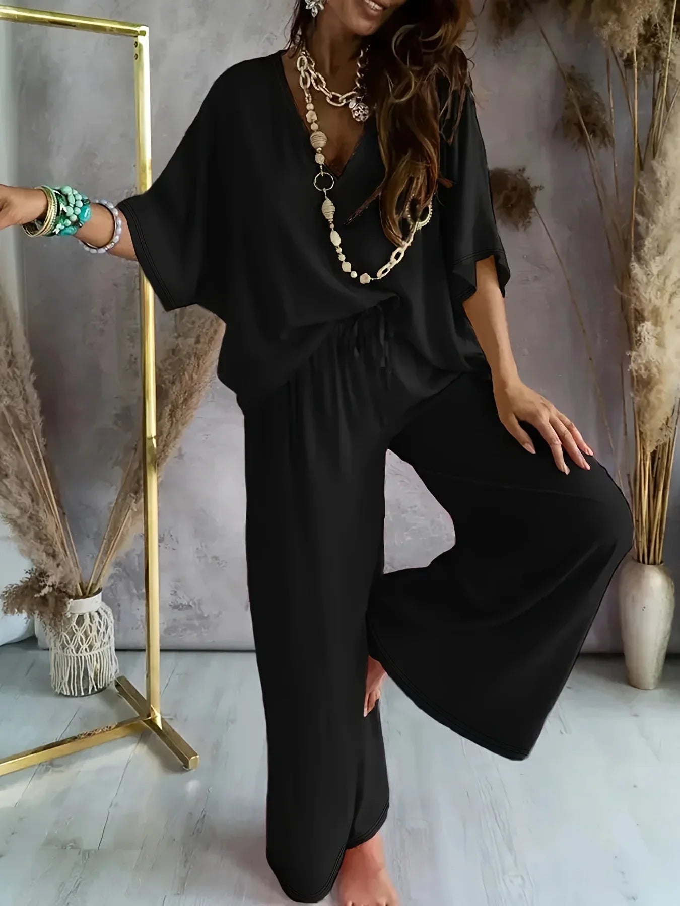Cross border Europe and America 2025V collar bat sleeve casual loose wide leg pants set for women