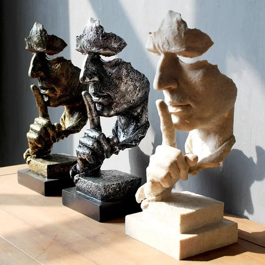 Abstract Resin Face Sculpture – “Silence is Golden” Nordic Art Statue for Home or Office Decor