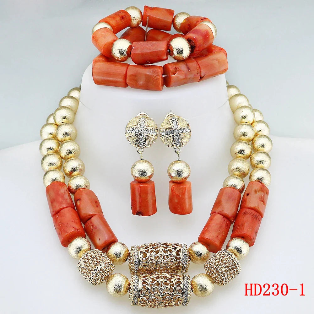 Double Layered Original Coral Nigerian Wedding Beads Jewellery Women Coral Costume Necklace Set