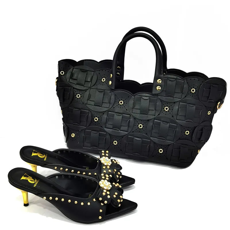 2022 Rivet Style  Women Shoes and Bag to Match in Color matching High Quality Nigerian Design Matching Shoes and Bag