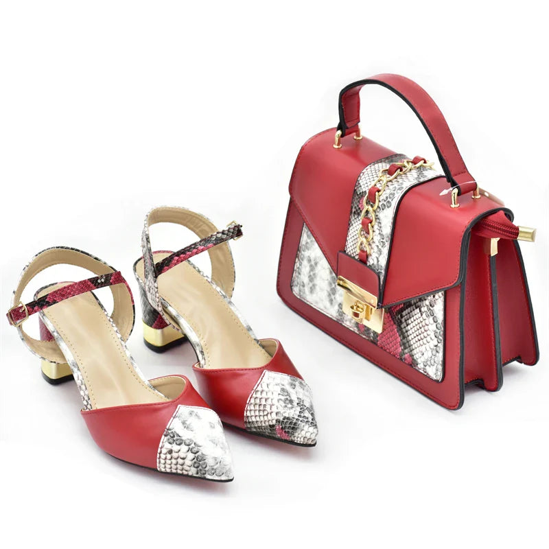 New Design Italian Shoe and Bag Set for Party In Women Ladies Shoes and Sandals Snake Print Heels Wedding Shoes for Women Bride