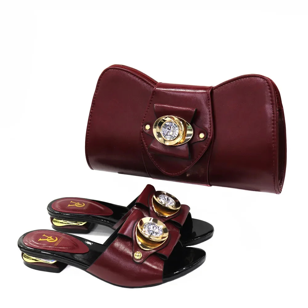 2024 Latest Italian Design Fashion African Women's Low Heel Comfortable Shoes and Bags Set Leather Casual Ladies Slippers
