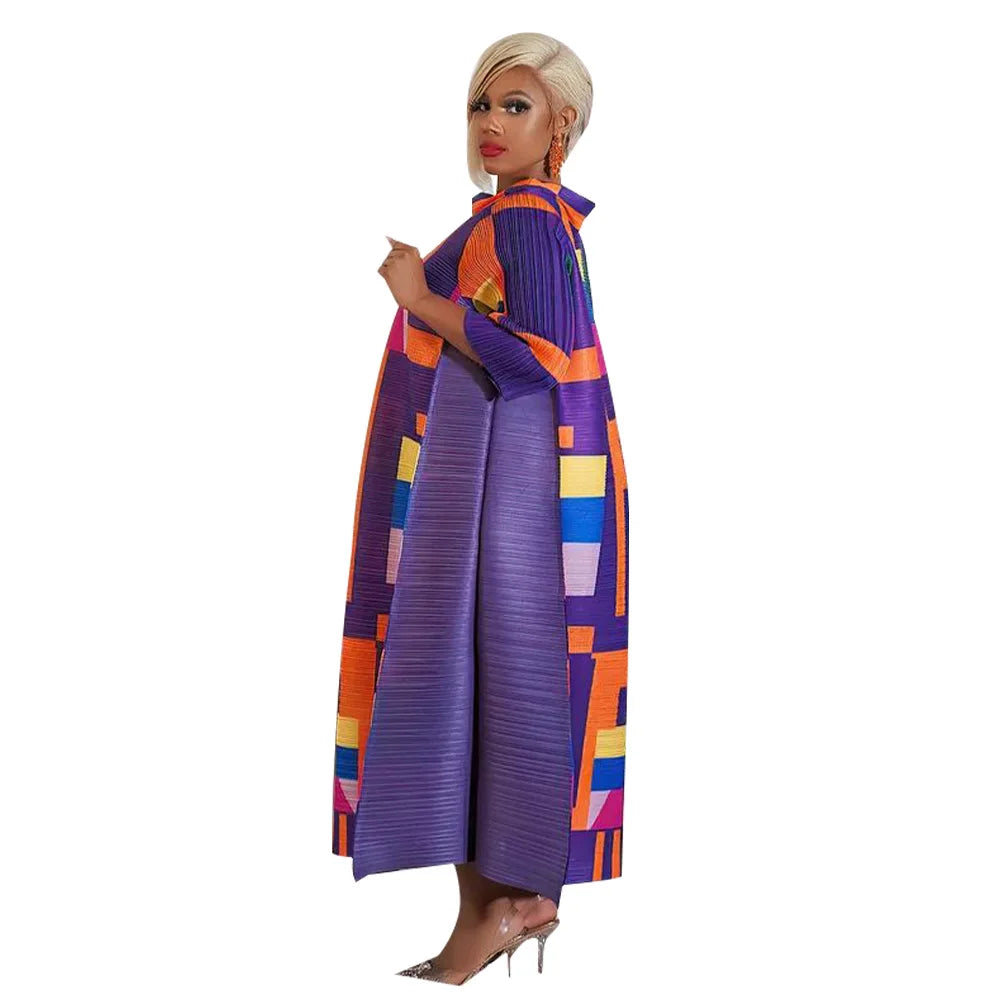 2023 Fashion African 3/4 Sleeve Polyester Plus Size O-Neck Pleated Long Dress Dashiki African Clothes African Dresses for Women