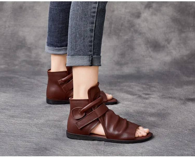Birkuir Fashion Pleated Women Sandals Genuine Leather Flats High Top Sandals Luxury 2024 Open Toe Summer Boots Hook Loop Sandals