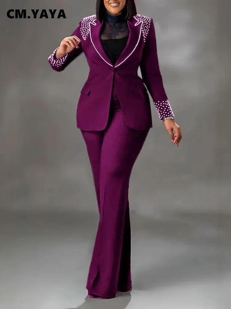CM.YAYA Fashion Pearl Splicing Women's Set Long Sleeve Blazer and Wide Leg Pants Suit 2024 Winter OL Fall Two 2 Piece Set Outfit