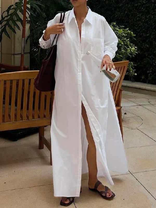 Krisstargirls White Maxi Dresses for Women 2025 Spring Summer Clothing Split-side Woman Simple Casual Buttoned Long Shirt Dress