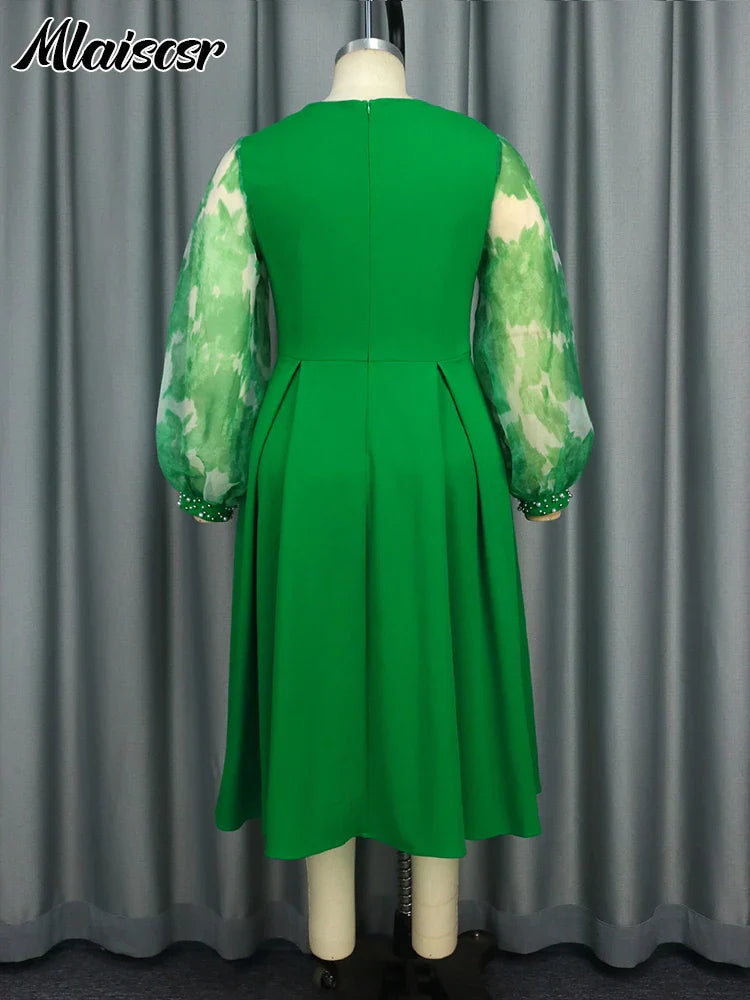 Mlaiscsr Elegant Office Lady Dresses for Women Green O Neck Pearl Mesh Lantern Sleeve Belt A-line Celebrate Event Party Gowns