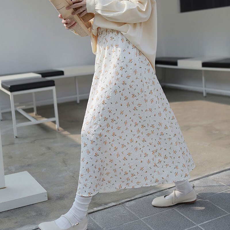Relief Sculpture Floral Mid-length Elastic Waist Printing A-line Skirts