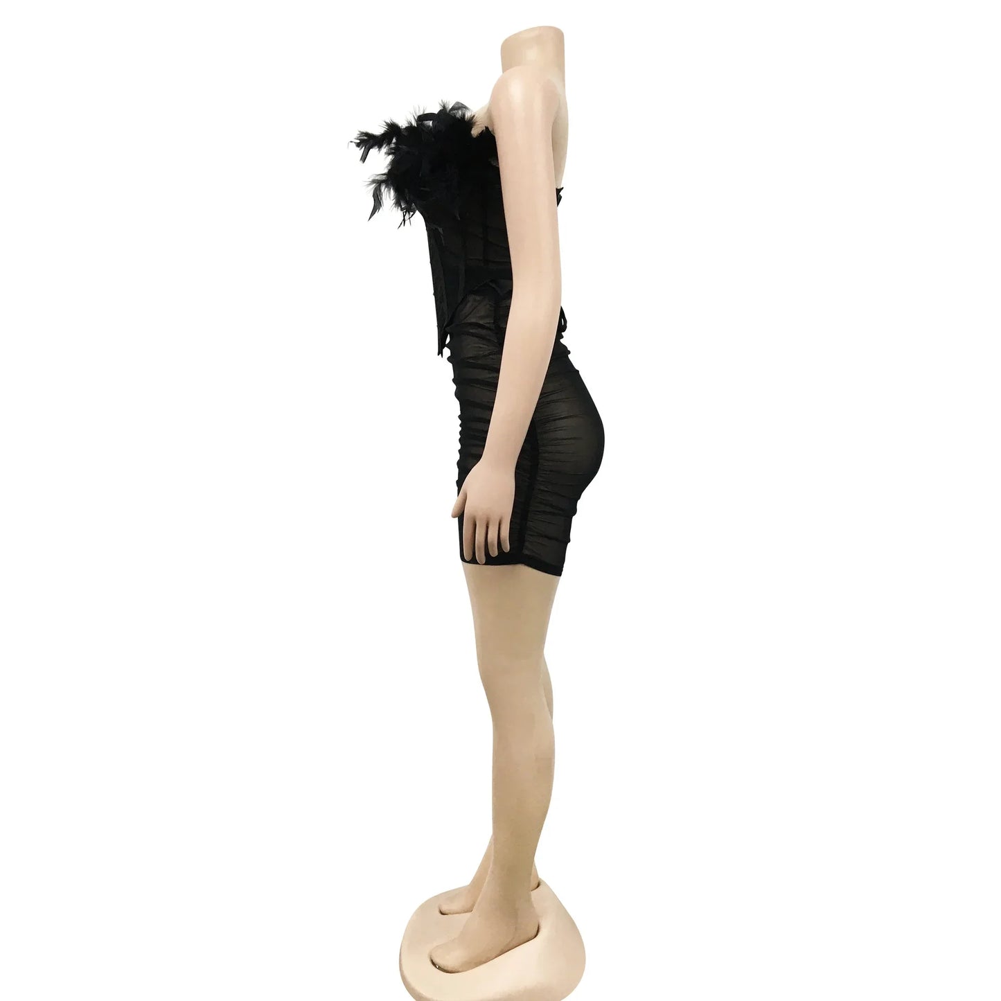 BKLD Co-ord Set Women Fashion Feathers Stitching Mesh Sheer Sexy Summer Two Piece Zip Up Corset Top And Bodycon Short Skirt Sets