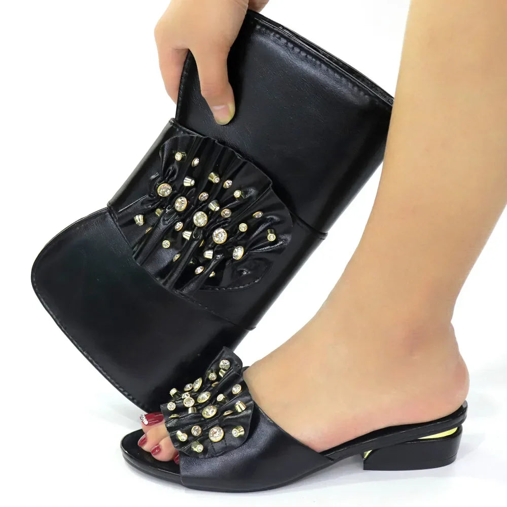 2024 Latest Italian Design Fashion African Women's Low Heel Comfortable Shoes and Bags Set Leather Casual Ladies Slippers