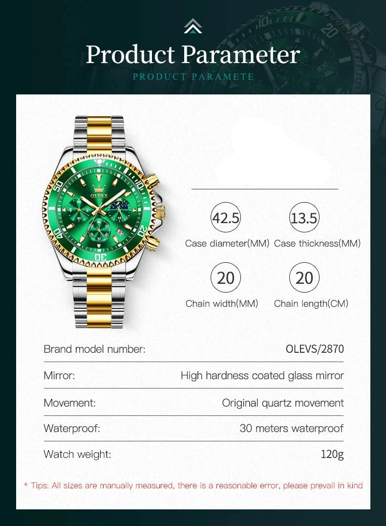 Men's Watches Top Brand Luxury Watch for Men Original Waterproof Stainless Steel Chronograph Moon Phase Date Rota Dial