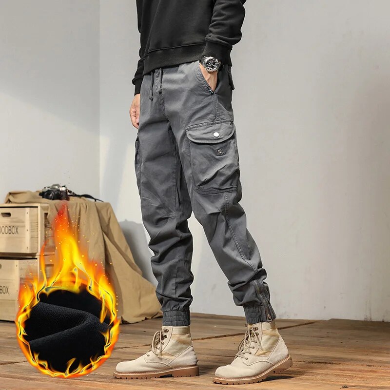 Cargo Cotton  Fleece Pants Men Winter Man Y2k Harem Tactical Pants  Multi-Pockets