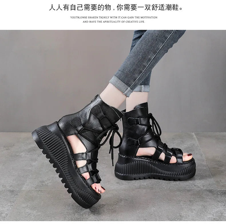 Koznoy 8cm Ethnic Cow Genuine Leather Ankle Booties Women Hollow Peep Toe Platform Wedge Breathable Zip Summer Fashion Shoes