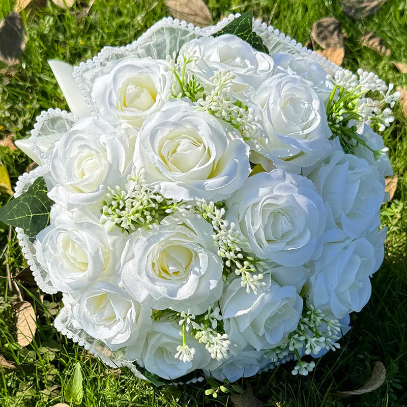Wedding Bouquets for Bride Babysbreath Rose Bridesmaid Bouquets Silk Ribbon Valentine's Day Decoration Pearl Lace Mesh Ball Gift