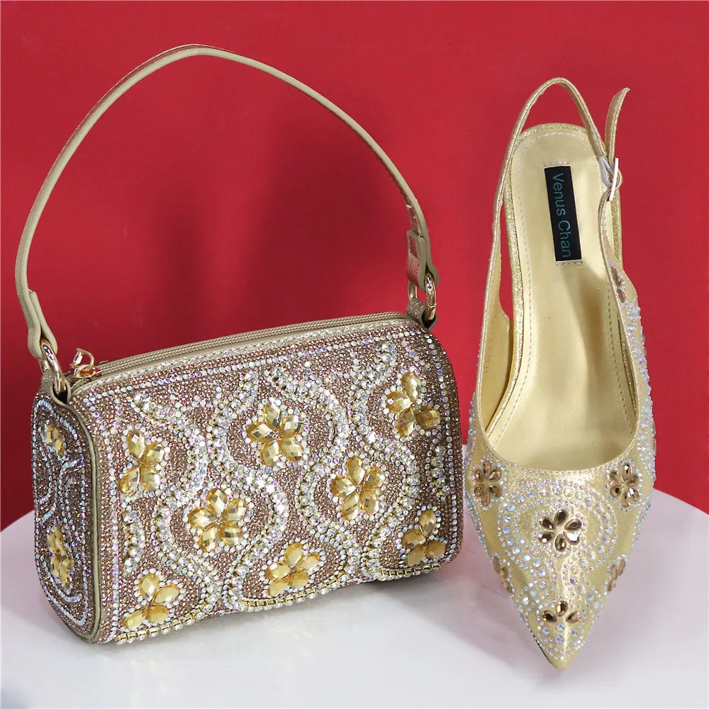 Elegant And Sexy Fuchsia Color High Heels Shoes And Bag With Rhinestone Embellished Toe Is Comfortable Women's Shoes For Party