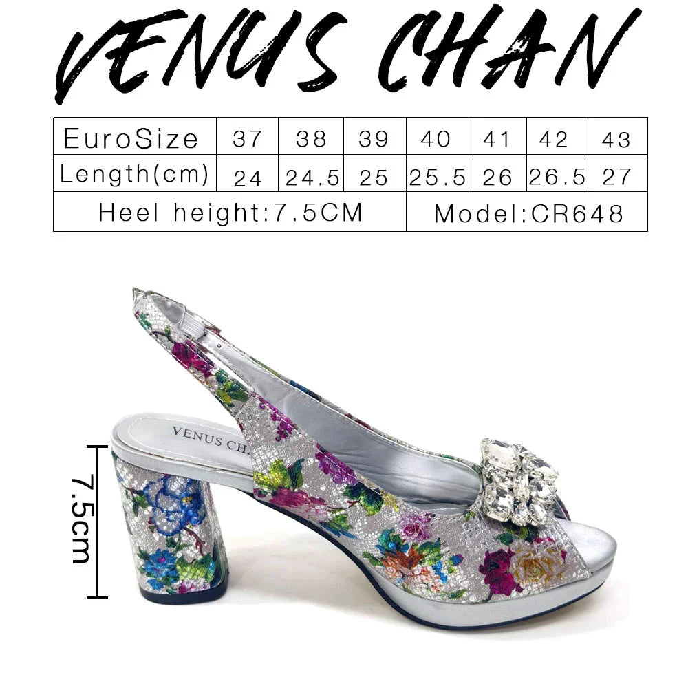 Venus Chan Italian Sandals and Bags Matching Set 2024 Women Heel Party for Gold Colour Wedding Bigger Size Thick Heel Shoes