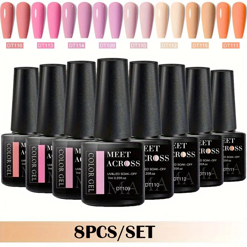 MEET ACROSS 8Pcs/Set Gel Nail Polish Set for All Season Neon Marcaron Green Red Series UV Gel Varnish Manicure Kit Nail Supplies