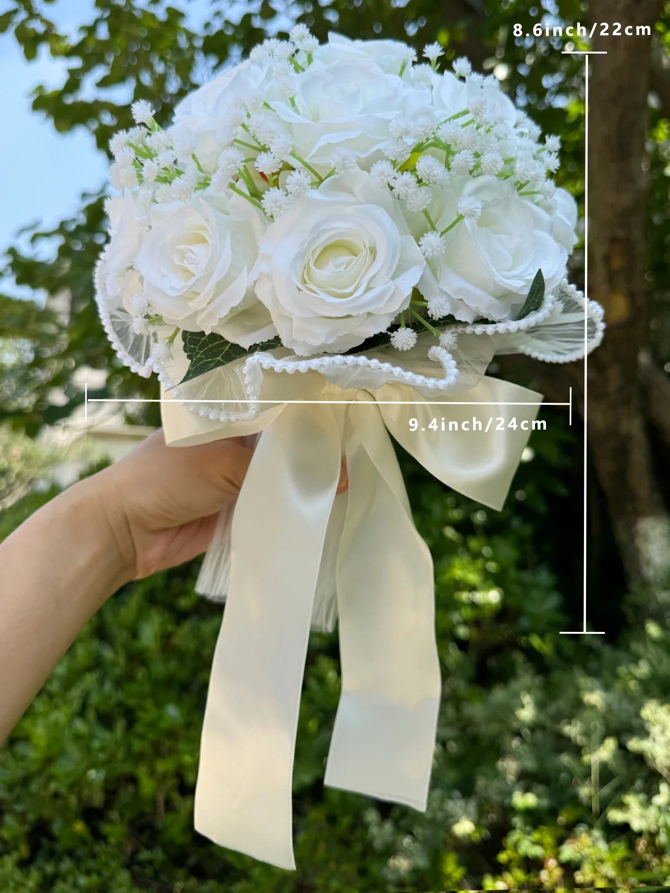 Wedding Bouquets for Bride Babysbreath Rose Bridesmaid Bouquets Silk Ribbon Valentine's Day Decoration Pearl Lace Mesh Ball Gift