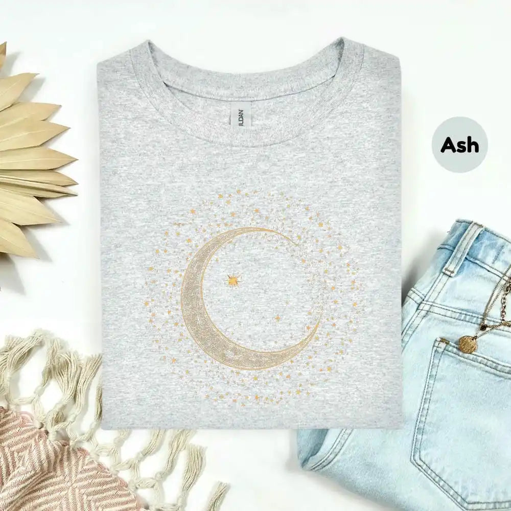 Gold Crescent Moon Celestial T-Shirt for Women -  Mystic Spiritual Tee