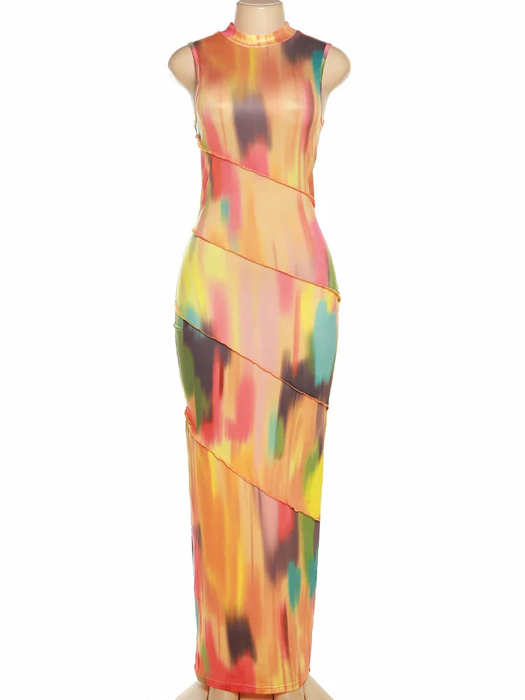 Weird Puss Colorful Print Dress Women Summer Trend Sleeveless Patchwork Skinny Elastic Bodycon Birthday Party Clubwear Vestidos