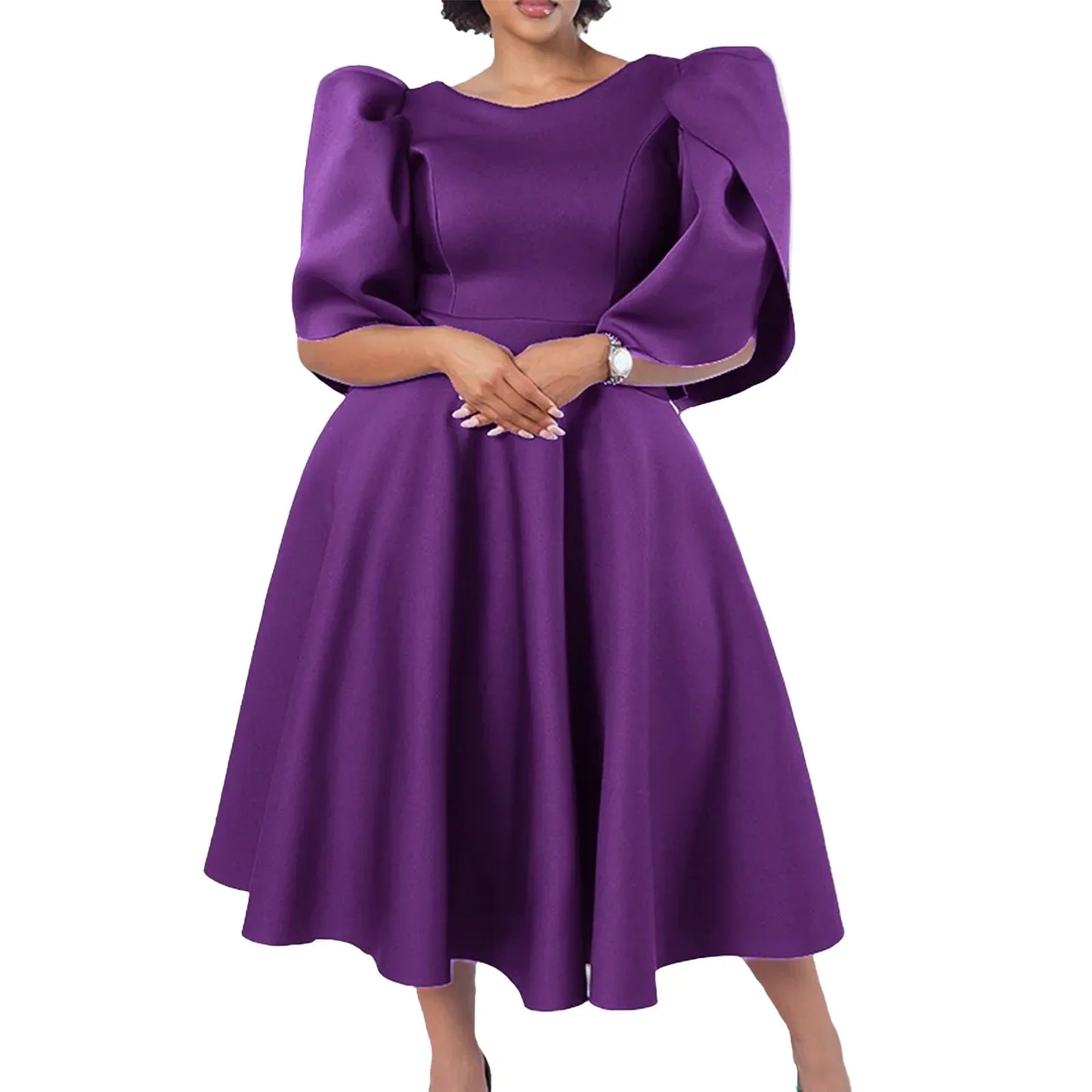 Elegant Dress Woman 2024 Wedding Party Round Neck Half Sleeve High Waisted Pleated Mid Calf Luxury Birthday Dinner Vestidos Robe