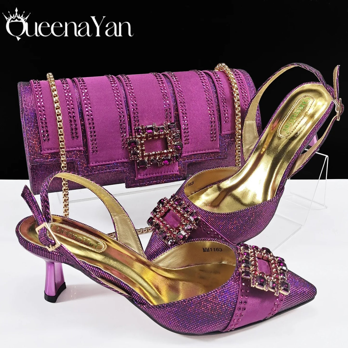 Nigeria Elegant Noble Party Wedding Shoes And Bag Pointed Toe Decorated With Rhinestone Women's Heel Shoes