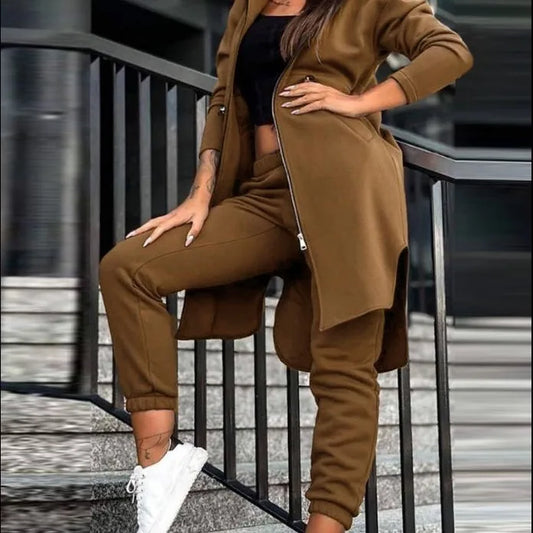 Women's Hooded Zipper Long Coats Tracksuit