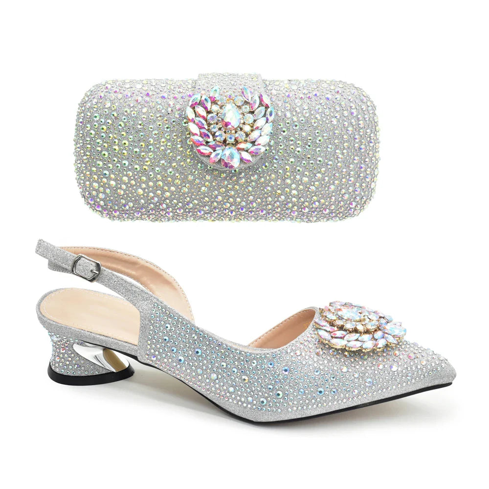 New Italian Shoe and Bag 2024 High Quality Luxury Full Diamond Italian Shoes and Bags Matching Set Decorated with Rhinestone