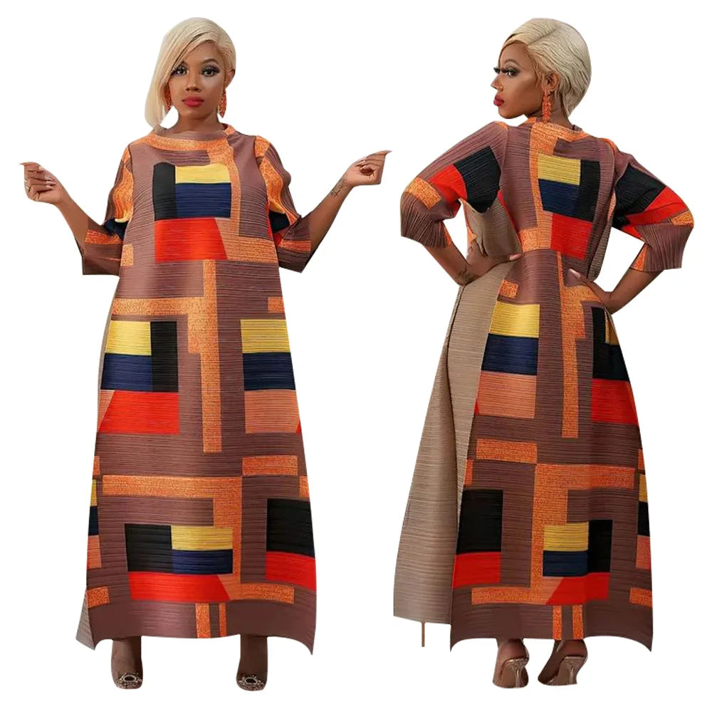 2023 Fashion African 3/4 Sleeve Polyester Plus Size O-Neck Pleated Long Dress Dashiki African Clothes African Dresses for Women