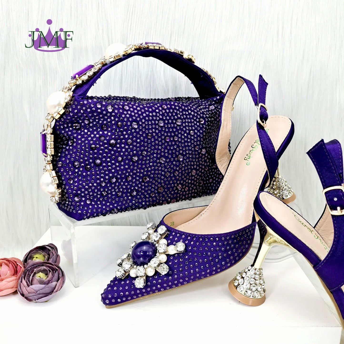 JMF New arrive Italian Design Blue Women's Fashion Rhinestone Pearl Point Toe Stiletto Heels Sandals Women's Shoes & Bag Set
