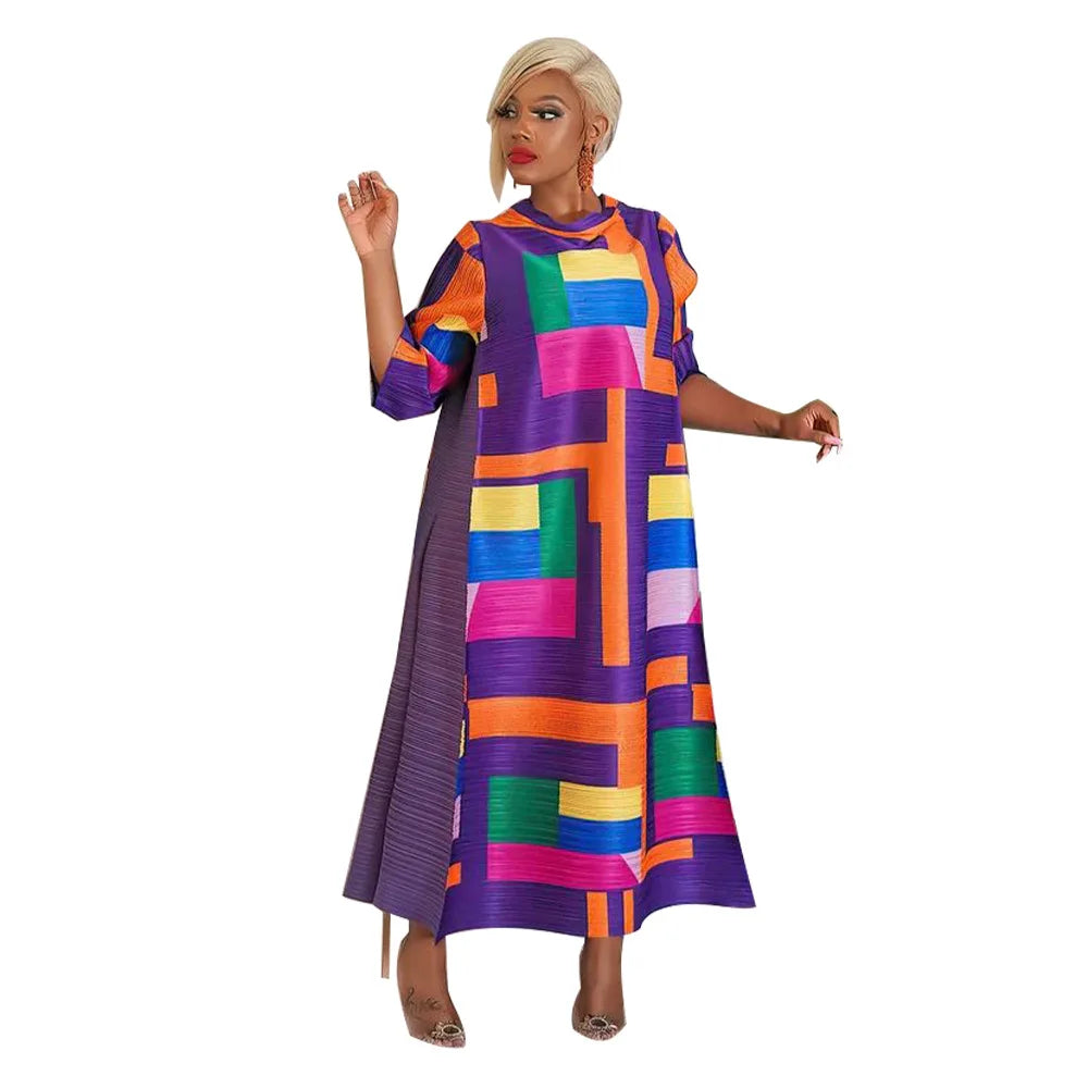 2023 Fashion African 3/4 Sleeve Polyester Plus Size O-Neck Pleated Long Dress Dashiki African Clothes African Dresses for Women