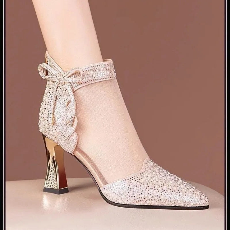 New Fashion Mesh Breathable Rhinestone High Heel Boots Elegant Pointed Toe Dress Pumps Women Banquet Wedding High Heels Size 43