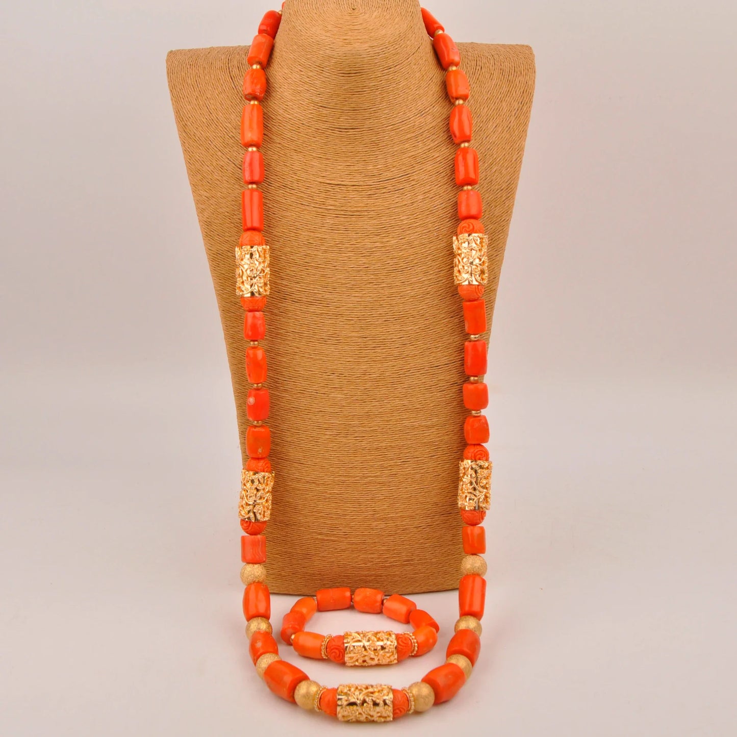 Natural coral beads orange necklace set for stylish Nigerian wedding couple African jewelry