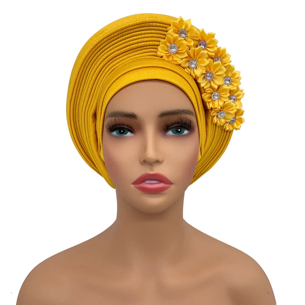 2024 New African Headtie Turban Nigeria Head Ties with Flowers Already Made Auto Gele Women Head Wraps for Wedding Party