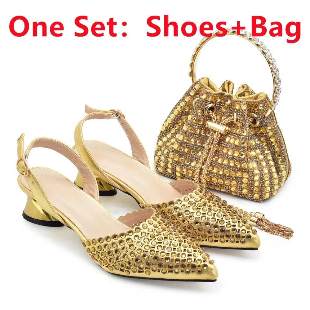 Italian Shoes with Matching Bags Set Decorated with Rhinestone African Shoes for Women Mid Heels Party Pumps  Plus Size Heels 43