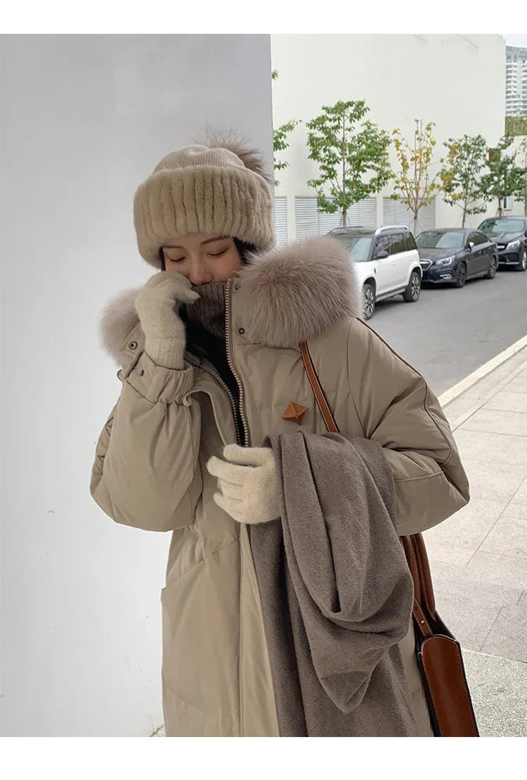 Women's Large Fur Collar Hooded Warm Thick Padded Parka Jacket