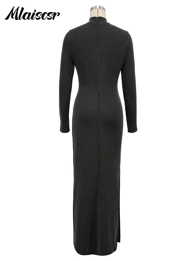 Mlaiscsr Knit Ribbed Elegant Evening Dresses Women Long Sleeve Side Split Slim Bodycon Sexy Birthday Party Prom Fall Winter Robe